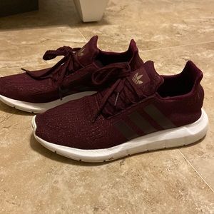 Maroon Adidas tennis shoes with gold sparkles!